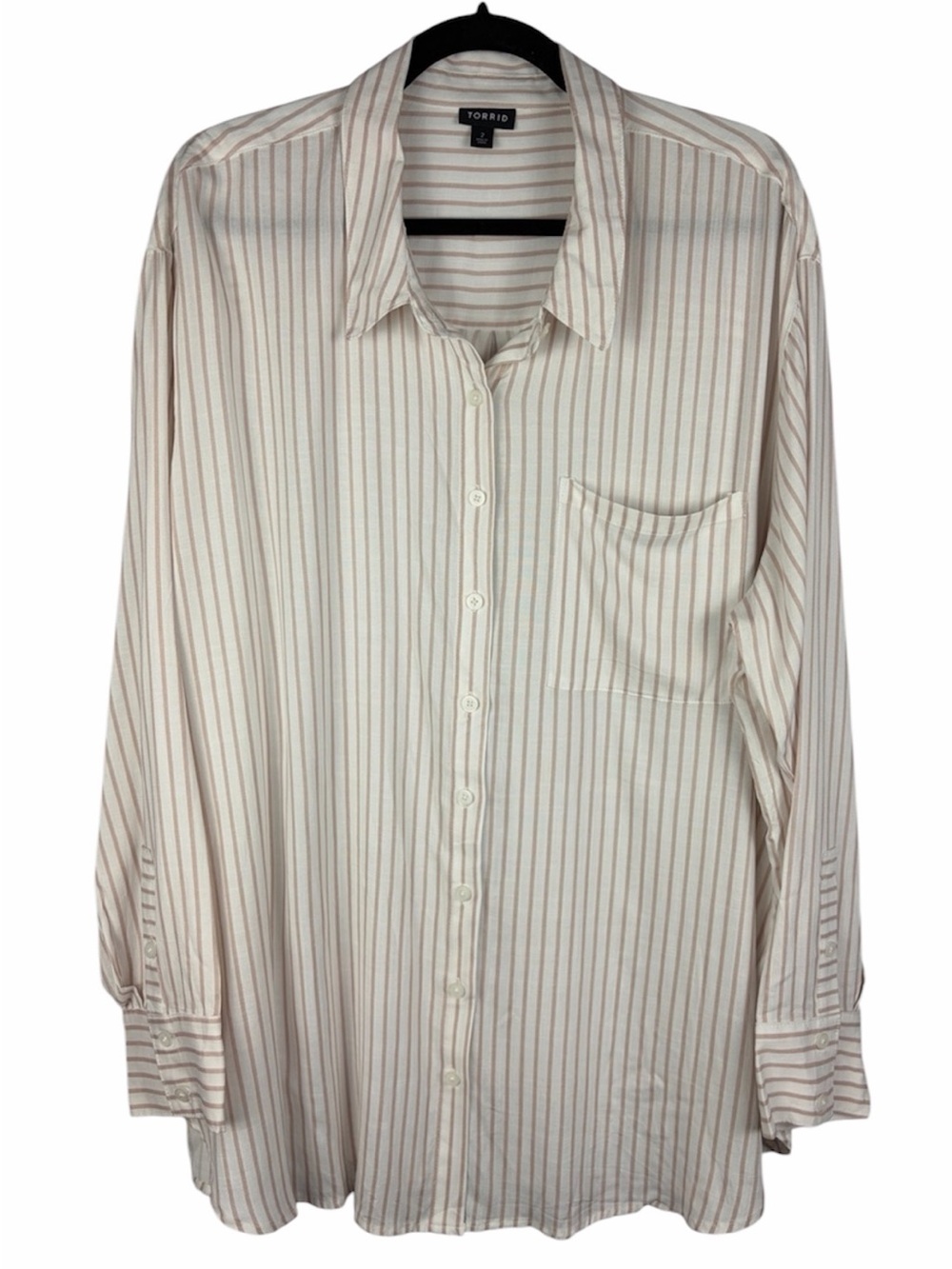 Torrid Size 2X Ivory Beige Striped Rayon Button Down Oversized Shirt
